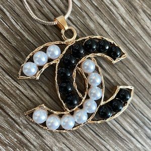 Classic Black & Faux Pearl Designer Inspired Logo Pendant